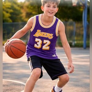 HARDWOOD CLASSICS L A.LAKERS MAGIC JOHNSON #32 PURPLE AND GOLD JERSEY. SZ M. BOY